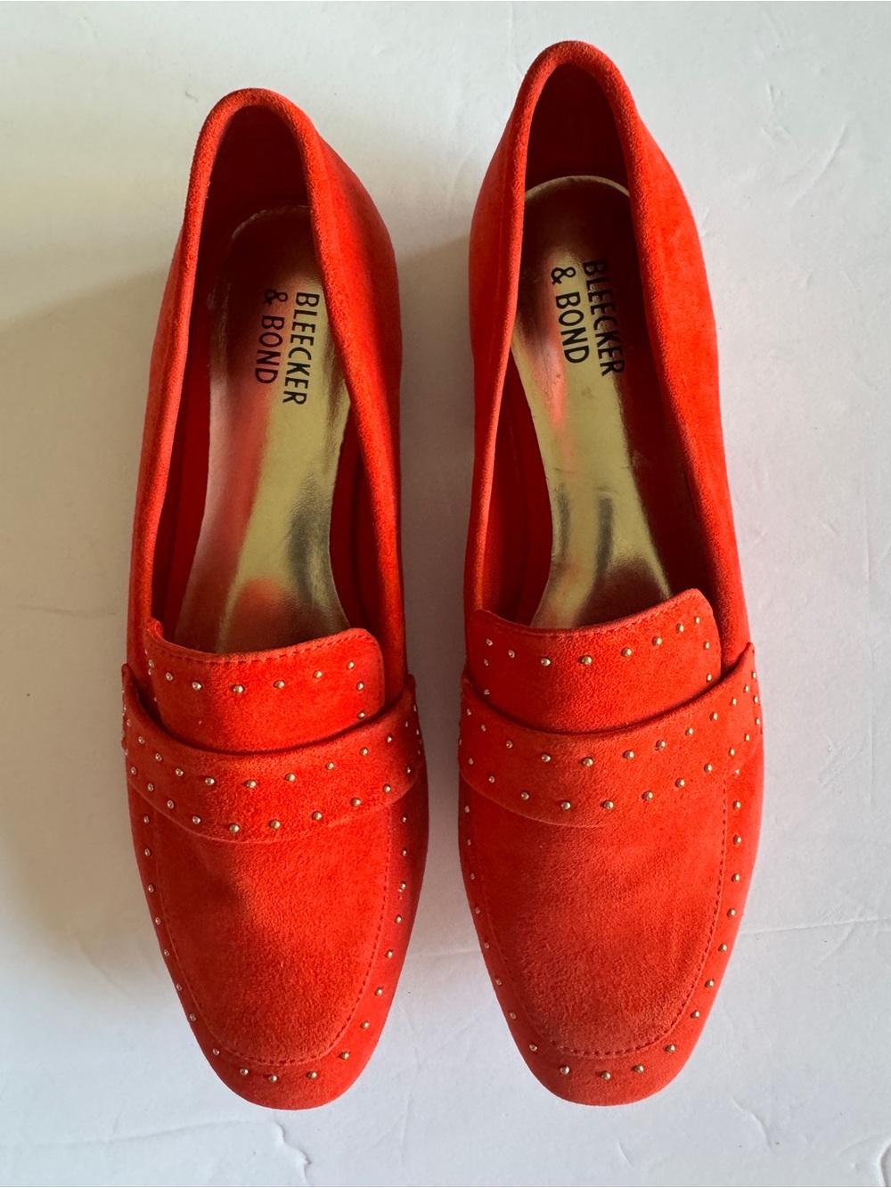 Bleecker & Bond Bright Orange Suede Gold Studded Penny Loafers SZ 6